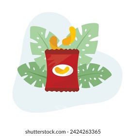 Chips icon flat vector Illustration Icon decorated with leaves for web use for chips bag, chips, salty, bag, food, crunchy, fried.