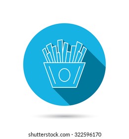 Chips icon. Fries fast food sign. Fried potatoes symbol. Blue flat circle button with shadow. Vector