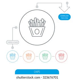 Chips icon. Fries fast food sign. Fried potatoes symbol. Line circle buttons. Download arrow symbol. Vector