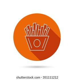 Chips icon. Fries fast food sign. Fried potatoes symbol. Round orange web button with shadow.