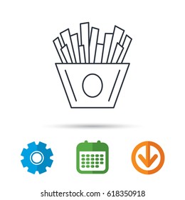 Chips icon. Fries fast food sign. Fried potatoes symbol. Calendar, cogwheel and download arrow signs. Colored flat web icons. Vector