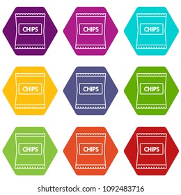 Chips icons 9 set coloful isolated on white for web