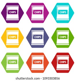 Chips icons 9 set coloful isolated on white for web