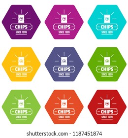 Chips icons 9 set coloful isolated on white for web