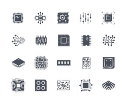Chips icons black set. Artificial intellengence symbol. Hardware, cpu and circuit. Chipset for gadgets and devices, electronics. Cartoon flat vector illustrations isolated on white background