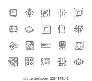 Chips icons outline set. Innovations and modern technologies. Processor for computer or laptop, server. Electronic storage or archive. Cartoon flat vector illustrations isolated on white background