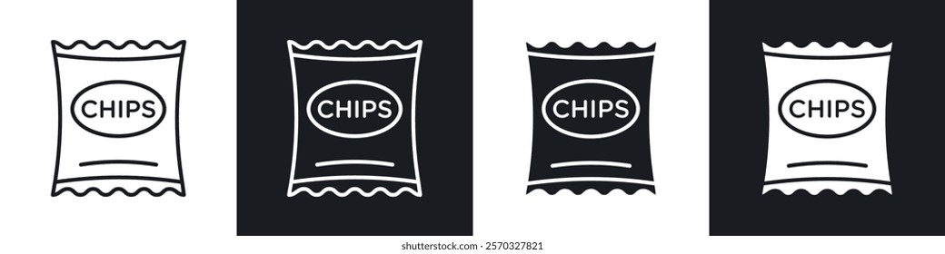 Chips icons vectors set in black. line and flat versions