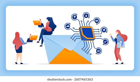 Chips integrated with email services support learning machines for secure and efficient message delivery in cloud based systems. illustration can be used for banner, website, startup, apps, ui ux, ads
