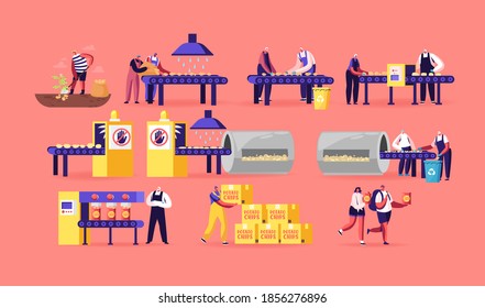 Chips Manufacture Concept. People Produce Snack. Farmer Digging Raw Potato on Ranch, Worker Characters Producing Chips Conveyor. Plant Producing Fast Food and Packaging. Cartoon Vector Illustration