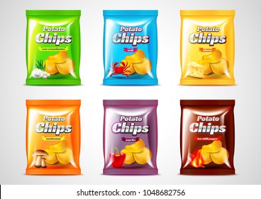 Diseño de paquetes Chips, conjunto vectorial fotorealista. Seis sabores