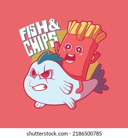 Chips package riding a fish vector illustration. Food, funny, brand design concept.