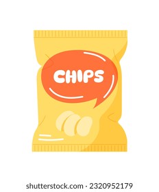 Chips en el concepto de sticker de paquetes. Comida rápida y comida poco saludable. Comer basura y poco saludable. Plantilla, disposición y burla. Dibujo vectorial plano de dibujos animados aislado en fondo blanco