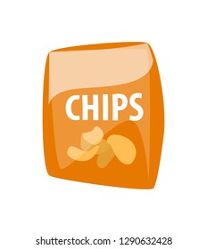 Chips in package vector, fast food unhealthy meal isolated icon. Snack fried vegetables in plastic bag, prepared dish. Traditional eating out, takeaway