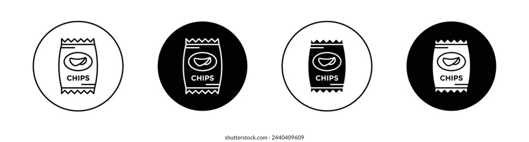 Chips packet icon set. snack potato chips bag vector symbol. salty chips plastic pouch pictogram. sack pack wrapper outline icon.