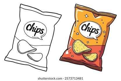 Chips Packet Line Art Vector Illustration Black and White with Coloring Sample. Bold and Easy Food, Sweets, Drinks, Dessert, and Snacks Coloring Pages for Adults and Kids.