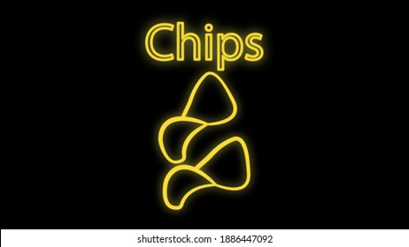 Chips packet neon sign. Glowing illustration of green packet with potato chips on dark blue brick background. Can be used for store, shops, supermarkets, advertisement