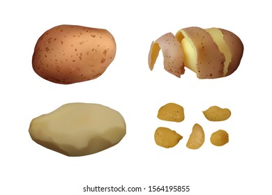 Chips, peeled and baked Potato set. Vector illustration. Vegetarian food.