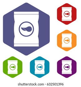 Chips plastic bag icons set hexagon isolated vector illustration