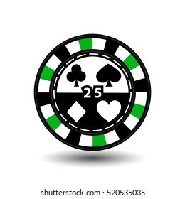 chips for poker green 25 in the middle and rectangles with a side. round and white dotted line line. an icon on the white isolated background. illustration eps 10 vector. to use for the websites