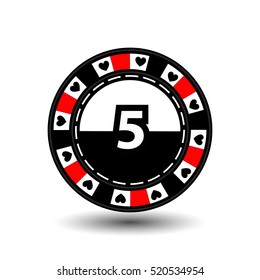 chips for poker red in the middle figure five and heart a suit sideways. round and white dotted line line. an icon  illustration eps 10 vector. to use for the websites, design, the press, prints