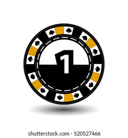 chips for poker yellow in the middle figure one and heart a suit sideways. round and white dotted line line. an icon on the white isolated background.to use for the websites, design, the press, prints