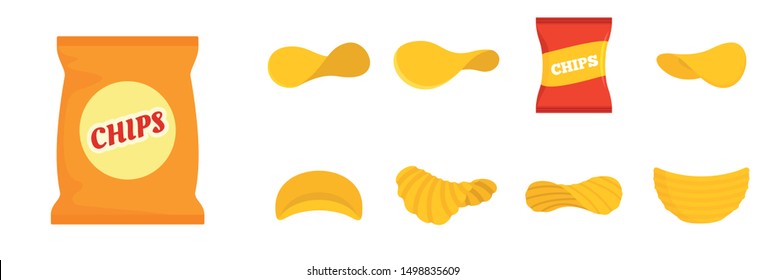 Chips potato icon set. Flat set of chips potato vector icons for web design