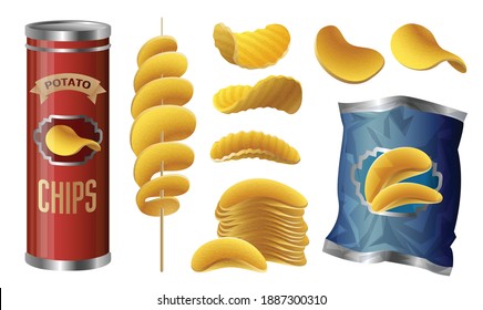 Chips potato icons set. Cartoon set of chips potato vector icons for web design