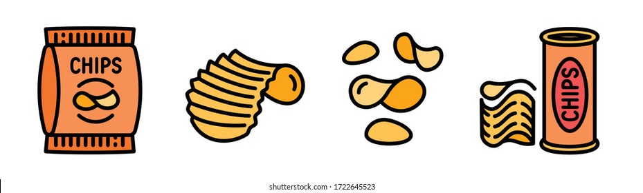 Chips potato icons set. Outline set of chips potato vector icons for web design isolated on white background