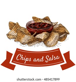 Chips and salsa illustration. Vector colorful illustration of beer snacks.