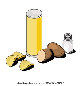 Chips with salt. Vector 3d sketch line isometric style, color icon illustration. Creative design idea and infographics elements.