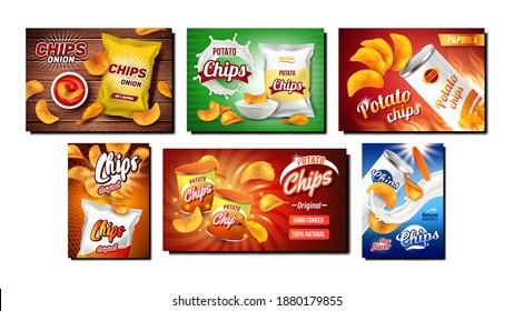 Chips Snack Creative Promo Posters Set Vector. Potato And Onion Chips With Paprika Taste, Blank Bags Packages, Mayonnaise And Ketchup Sauces On Advertise Banners. Style Concept Template Illustrations