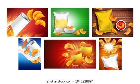 Chips Snack Creative Promo Posters Set Vector. Potato And Onion Chips With Paprika Taste, Blank Bags Packages, Mayonnaise And Ketchup Sauces On Advertise Banners. Style Concept Template Illustrations