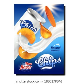 Chips Snack Creative Promotional Poster Vector. Crunchy Potato Chips Blank Package And Sauce Splash On Advertising Banner. Delicious Unhealthy Meal Style Concept Template Illustration