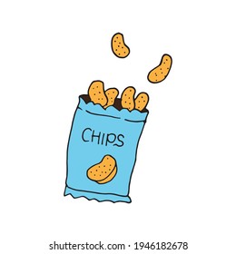 chips snack on white background. chips in the plastick bag. salty and savory flavor. hand drawn vector. chips icon on white background. doodle art for logo, label, sticker, branding, advert, poster. 