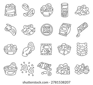 Chips snack set in outline line art featuring various packaging shapes serving options dipping sauces crisp textures and multiple flavor variations presentation