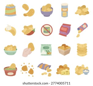Chips snack set in scandinavian style featuring various packaging shapes serving options dipping sauces crisp textures and multiple flavor variations presentation