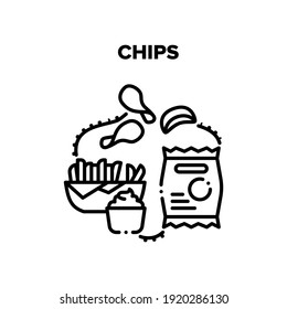 Chips Snack Vector Icon Concept. Fried Potato Chips Plate And Bag Package, Sauce For Eating Delicious Unhealthy Nutrition. Spicy Tasty Cracker Portion Packaging And Bowl Black Illustration