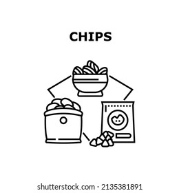 Chips Snack Vector Icon Concept. Crunchy Chips Snack Prepared From Potato Or Maize Ingredient, Junk Food Packaging And Plate. Crisp And Fatty Unhealthy Nourishment Black Illustration