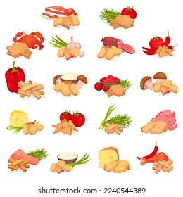 Chips and Snacks with Flavoured Crunchy Crouton Big Vector Set