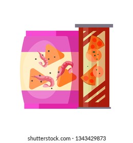 Chips and snacks. Purple paper package with shrimps and can with pizza nachos. Can be used for topics like lunch, meal, crispy products