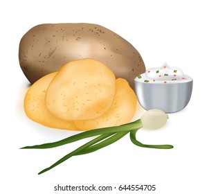 Chips with sour cream, potato brown, vector food, green, snack with onions, an illustration of products, a white background, culinary set, ceramic ware, cream with additives,