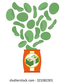 Chips taste of money. Appetizer for rich. Money food. Bundles of snack fly.