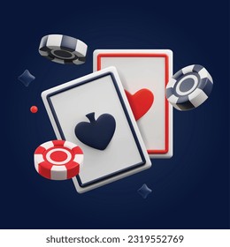 Chips, tokens for poker and casino games in plastic style. Playing ace cards, space and heart, black and red suits. Realistic 3d gambling games symbols set. Vector illustration on dark background