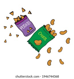 chips and tortila in the package. two open pack icon. pile of chips. hand drawn vector. white background. green and purple packaging. doodle art for logo, label, cover, poster, clipart, brand, advert.