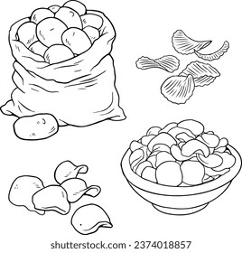 chips, whole root potatoes for farm market and shop, illustration, line vector set