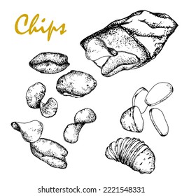 Chips.Black and white sketch, hand drawn, Vector, isolated on white background,  a bag of chips of different shapes.For packaging, design of bars, menus, labels