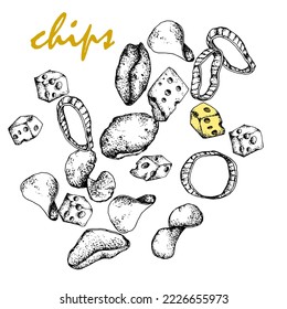Chips.Black and white sketch, handdrawn, Vector, isolated on a white background, fast food in different shapes.Cheese cubes, onion rings. For packaging, design bars, menus, labels