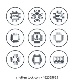 Chipset, Cpu Line Icons In Circles, Microchip, Gpu, 8 Core Processor