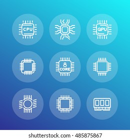 Chipset, cpu line icons set, microchip, gpu, 8-core processor, vector illustration