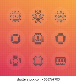 Chipset, cpu line icons set, microchip, gpu, 8 core processor, memory chip vector signs